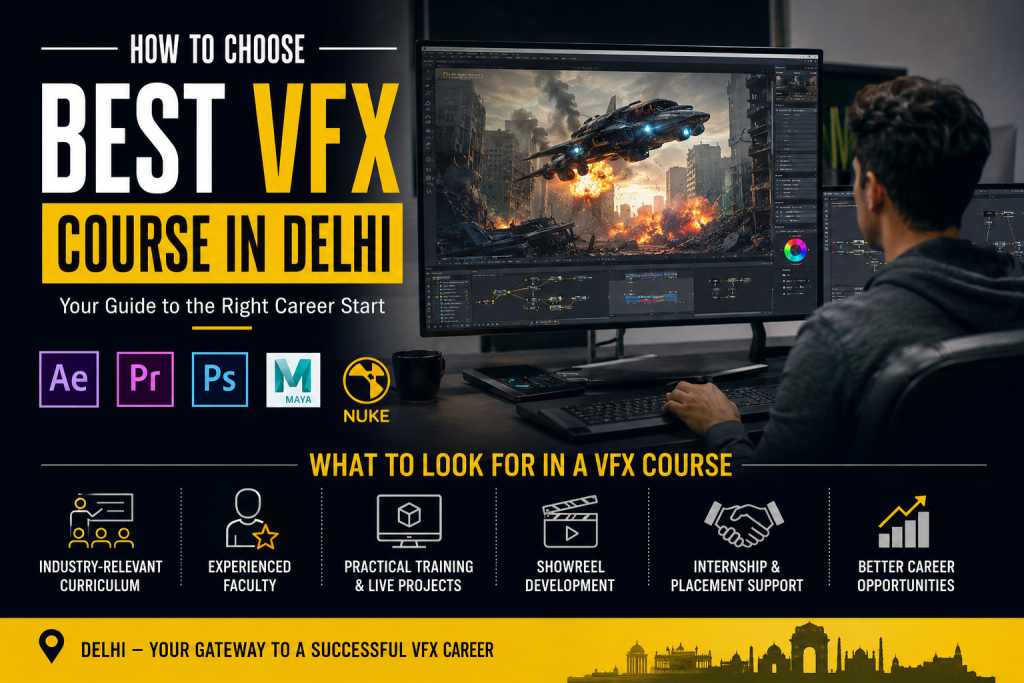 Student learning visual effects on high-end computer setup for VFX course in Delhi with industry software and practical training.